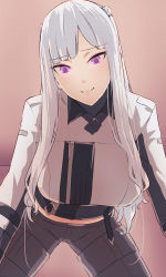 Rule 34 | 1girl, ak-12 (girls&#039; frontline), artificial eye, braid, breasts, from above, girls&#039; frontline, kageshio (276006), large breasts, long hair, looking at viewer, mechanical eye, navel, pants, purple eyes, sidelocks, silver hair, smile, tactical clothes