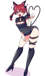 Rule 34 | 1girl, amisu, animal ears, bell, bent over, boots, bow, braid, cat ears, cat tail, china dress, chinese clothes, cleavage cutout, clothes writing, clothing cutout, dress, fang, full body, hair bow, hair ornament, heart, heart tail, high heels, highres, kaenbyou rin, leg ribbon, md5 mismatch, one eye closed, open mouth, race queen, red eyes, red hair, resized, ribbon, short sleeves, simple background, smile, solo, tail, touhou, twin braids, white background