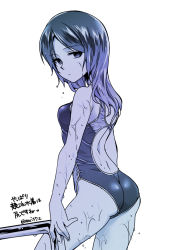 Rule 34 | 1girl, ass, blue theme, breasts, commentary request, competition swimsuit, cowboy shot, expressionless, from behind, legs apart, long hair, looking at viewer, looking back, medium breasts, monochrome, one-piece swimsuit, original, rakuji tarahi, simple background, solo, standing, swimsuit, translation request, wet, white background