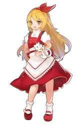 Rule 34 | 1boy, 1girl, animal, apron, back bow, blonde hair, bobby socks, bow, cat, commentary request, ellen (touhou), full body, hair bow, hairband, highres, holding, holding animal, holding cat, itohime, long hair, mary janes, open mouth, puffy short sleeves, puffy sleeves, red bow, red footwear, red hairband, red skirt, red vest, shirt, shoes, short sleeves, simple background, skirt, socks, sokrates (touhou), standing, teeth, touhou, touhou (pc-98), turtleneck, upper teeth only, vest, waist apron, white apron, white background, white cat, white legwear, white shirt, yellow eyes