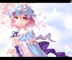 Rule 34 | 1girl, ark tr, back bow, blue hat, blue kimono, blue ribbon, blue sky, bow, bug, butterfly, cherry blossoms, commentary, day, falling petals, frilled kimono, frilled sleeves, frills, grin, hair between eyes, hands up, hat, highres, insect, japanese clothes, kimono, lace-trimmed headwear, lace trim, letterboxed, long sleeves, looking at viewer, medium hair, mob cap, petals, pink eyes, pink hair, purple bow, ribbon, saigyouji yuyuko, sky, smile, solo, touhou, triangular headpiece, upper body, white butterfly, wide sleeves, wing collar