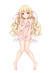 Rule 34 | 1girl, absurdres, arlext, babydoll, barefoot, blonde hair, blush, breasts, dakimakura (medium), feet, full body, gluteal fold, groin, hand on own chest, hand on own thigh, highres, knees together feet apart, legs, long hair, lying, navel, nipples, no bra, no panties, on back, open mouth, original, pink babydoll, pussy, ribbon, see-through, simple background, small breasts, solo, thigh gap, thighs, toes, transparent background, white background, yellow eyes