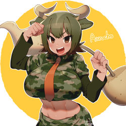 Rule 34 | &gt;:d, 10s, 1girl, :d, abs, animal ears, arm up, aurochs (kemono friends), blush, breasts, brown eyes, camouflage, camouflage shirt, camouflage skirt, character name, circle, clenched hand, collared shirt, cow ears, cow girl, cow horns, dark-skinned female, dark skin, dumbbell, eyelashes, gradient hair, green hair, green shirt, groin, holding, horn lance, horns, huge breasts, kemono friends, kiri futoshi, layered clothes, leaning forward, midriff, multicolored hair, navel, necktie, nose blush, open mouth, orange necktie, outline, polearm, sharp teeth, shirt, signature, skirt, smile, solo, spiked hair, taut clothes, taut shirt, teeth, toned, tsurime, undershirt, upper body, v-shaped eyebrows, weapon, white background