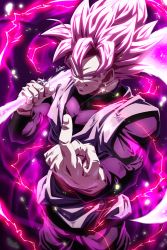 Rule 34 | 1boy, bad id, bad pixiv id, commentary request, cowboy shot, dougi, dragon ball, dragon ball super, earrings, electricity, evil grin, evil smile, fingernails, from above, glint, goku black, grin, hand up, highres, holding, holding scythe, holding weapon, ibispaint (medium), index finger raised, jewelry, light particles, long sleeves, looking at viewer, male focus, muscular, muscular male, over shoulder, pink eyes, pink hair, pink theme, potara earrings, ring, sash, scythe, sekitsuki hayato, signature, single earring, smile, solo, spiked hair, super saiyan, super saiyan rose, weapon, weapon over shoulder