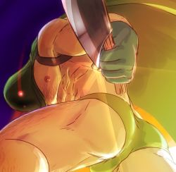 Rule 34 | 1boy, abs, ass, ass focus, axe, bara, bare pectorals, briefs, bulge, cape, character request, chest hair, copyright request, feet out of frame, from behind, gloves, glowing, glowing eyes, green cape, green gloves, green male underwear, holding, holding axe, incoming attack, katoributa a, large pectorals, leg hair, male focus, male underwear, mask, muscular, muscular male, nipples, pectorals, revealing clothes, solo, stomach, thick thighs, thighs, underwear