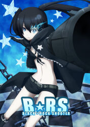 1girl absurdres ancientstar arm_cannon belt bikini black_hair black_rock_shooter black_rock_shooter_(character) black_shorts blue_eyes chain copyright_name flaming_eye glowing glowing_eye highres long_hair no_shirt rock_cannon shorts solo star_(symbol) swimsuit twintails uneven_twintails weapon