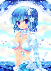 Rule 34 | 1girl, :d, bad id, bad pixiv id, bandeau, blue eyes, blue hair, breasts, cleavage, detached sleeves, dress, flower, front-tie top, half updo, matching hair/eyes, navel, nemuri nemu, open mouth, original, petals, rose, short hair, smile, solo, water, white flower, white rose