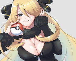 Rule 34 | 1girl, black coat, blonde hair, breasts, cleavage, coat, creatures (company), cynthia (pokemon), game freak, hair over one eye, hasu 175, highres, holding, holding poke ball, large breasts, long hair, long sleeves, looking at viewer, nintendo, parted lips, poke ball, poke ball (basic), pokemon, pokemon dppt, smile, solo, very long hair, white background