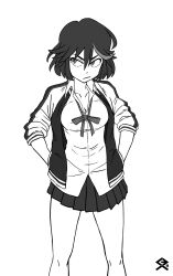 1girl breasts highres kill_la_kill kurobe_hatsudensho matoi_ryuuko medium_breasts miniskirt monochrome short_hair skirt tomboy