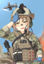 Rule 34 | 1girl, a-10, a-10 thunderbolt ii, aircraft, airplane, american flag, assault rifle, attack aircraft, autocannon, ayyh, bad id, bad pixiv id, brown eyes, brown hair, building, camouflage, cannon, close air support, day, destruction, fang, fire, firing, from below, gatling gun, gau-8 avenger, glasses, gloves, gun, gun sling, gunship, hand on own head, headset, helmet, highres, load bearing vest, looking down, magazine (weapon), military, military uniform, multiple-barrel firearm, open mouth, original, out of frame, rifle, rotary cannon, sky, smoke, soldier, solo focus, sweat, uniform, united states, war, weapon