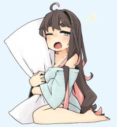 Rule 34 | 1girl, bare shoulders, barefoot, brown hair, highres, holding, holding pillow, kantai collection, kneeling, blue background, long hair, macbail, multicolored hair, naganami (kancolle), one eye closed, open mouth, pillow, pink hair, simple background, solo, squeans, thick eyebrows, very long hair, yawning