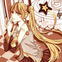 Rule 34 | abstract background, ahoge, akita neru, bare shoulders, black skirt, black sleeves, blonde hair, breasts, brown background, checkered floor, cleavage, collarbone, collared vest, commentary request, cookie, cosplay, detached sleeves, eyelashes, food, frilled vest, frills, grey vest, hair ornament, hatsune miku, hatsune miku (cosplay), huangpi sang, long hair, long sleeves, looking ahead, midriff, miniskirt, musical note, nail polish, navel, neckerchief, open mouth, own hands together, pleated skirt, shoulder tattoo, side ponytail, skirt, small breasts, star-shaped cookie, star-shaped food, star (symbol), tattoo, two-tone background, very long hair, vest, vocaloid, white background, wide sleeves, yellow eyes, yellow nails, yellow neckerchief