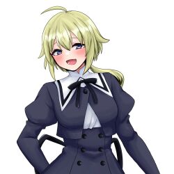 Rule 34 | 1girl, :d, ahoge, amano soraha, arm at side, assault lily, black ribbon, black skirt, blonde hair, blue eyes, blush, breasts, buttons, commentary request, cropped jacket, hair between eyes, hand on own hip, high-waist skirt, highres, juliet sleeves, long hair, long sleeves, looking at viewer, low ponytail, lower teeth only, medium breasts, neck ribbon, open mouth, ponytail, puffy sleeves, ribbon, school uniform, shirt, simple background, skirt, smile, solo, standing, teeth, tora (yoaq151bibozrrb), upper body, white background, white shirt, yurigaoka girls academy school uniform