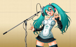 Rule 34 | 1girl, \m/, alternate costume, aoyama sunao, aqua eyes, aqua hair, blush, breasts, detached sleeves, female focus, gradient background, hair ribbon, hatsune miku, headphones, highres, impossible clothes, impossible shirt, long hair, microphone, microphone stand, music, navel, one eye closed, pointing, ribbon, shirt, singing, skirt, smile, solo, thighhighs, twintails, vocaloid, wink