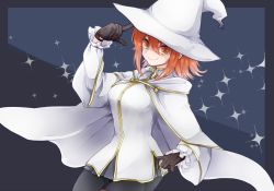 Rule 34 | 1girl, black gloves, black pantyhose, brown eyes, brown hair, cape, closed mouth, cowboy shot, fate/grand order, fate (series), fujimaru ritsuka (female), fujimaru ritsuka (female) (wizard &amp; priest), gloves, grey background, grey skirt, hat, looking at viewer, nekonekoma, official alternate costume, pantyhose, shirt, short hair, skirt, smile, solo, standing, white cape, white hat, white shirt, witch hat