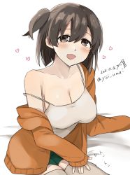 Rule 34 | 1girl, absurdres, bed sheet, blush, breasts, brown eyes, brown hair, cleavage, collarbone, dated, hair between eyes, heart, highres, hiryuu (kancolle), kantai collection, large breasts, long sleeves, one side up, open clothes, open mouth, short hair, simple background, smile, solo, thighhighs, toriniku senshi chikinman, twitter username, white background, white thighhighs