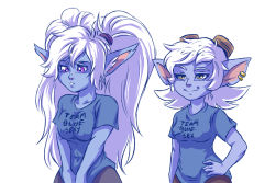 Rule 34 | 2girls, alternate costume, blue skin, breasts, clothes pull, colored skin, english text, fang, half-closed eyes, hand on own hip, highres, league of legends, long hair, multiple girls, no bra, parted lips, plague of gripes, pointy ears, poppy (league of legends), purple eyes, shirt, shirt pull, short hair, short sleeves, simple background, smile, t-shirt, text focus, tristana, twintails, white background, white hair, yellow eyes, yordle
