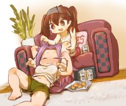 Rule 34 | 10s, 2girls, alcohol, barefoot, beer, biscuit, blush, breasts, brown eyes, brown hair, casual, chaki (teasets), closed eyes, commentary request, cushion, drooling, food, gradient background, holding, jun&#039;you (kancolle), kantai collection, long hair, medium breasts, midriff, multiple girls, open mouth, pillow, plant, purple hair, ryuujou (kancolle), shorts, sitting, sleeveless, smile, snack, twintails, yes, yes-no pillow