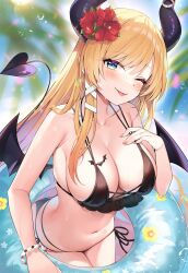 Rule 34 | 1girl, armpit crease, ayamy, bare arms, bare shoulders, bikini, black bikini, blonde hair, blue eyes, blurry, bracelet, breasts, cleavage, closed mouth, demon girl, demon horns, demon tail, demon wings, depth of field, flower, hair flower, hair ornament, halterneck, hand on own chest, hand up, highres, hololive, horns, innertube, jewelry, large breasts, long hair, looking at viewer, multi-strapped bikini, navel, official alternate costume, one eye closed, pointy ears, side-tie bikini bottom, smile, solo, stomach, string bikini, swim ring, swimsuit, tail, tail raised, tongue, tongue out, virtual youtuber, wet, wings, yuzuki choco, yuzuki choco (hololive summer 2019)