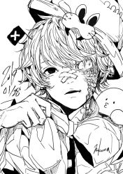 Rule 34 | 1boy, 2019, 3kuma, artist name, curly hair, dated, fukase, greyscale, hat, head flag, looking at viewer, male focus, metal, monochrome, monochrome, parted lips, point (vocaloid), signature, simple background, smile, upper body, veins, vocaloid, white background