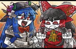 Rule 34 | &gt;:d, +++, 2girls, :d, @ @, ^^^, ascot, black hair, black hat, blouse, blue hair, blunt bangs, blush stickers, bow, bowtie, broken, clenched teeth, colored skin, commentary request, crossed bandaids, detached sleeves, food, fruit, hair between eyes, hair bow, hair tubes, hakurei reimu, hat, hat leaf, hinanawi tenshi, laughing, letterboxed, long hair, multiple girls, open mouth, orange background, peach, puffy short sleeves, puffy sleeves, red bow, red bowtie, red eyes, shirt, short sleeves, smile, suenari (peace), tearing up, teeth, touhou, v-shaped eyebrows, white shirt, white skin, wide sleeves, yellow ascot