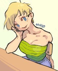 Rule 34 | 1girl, absurdres, bare shoulders, blue eyes, breasts, chair, cleavage, dragon ball, dragonball z, earrings, green shirt, hand up, highres, erasa (dragon ball), jewelry, looking at viewer, no nose, parted lips, shirt, short hair, signature, sitting, solo, strapless, strapless shirt, tube top, upper body, whoopsatro