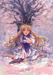 Rule 34 | 1girl, barefoot, blonde hair, blood, blood on face, cherry blossoms, crying, crying with eyes open, dress, feet, long hair, outstretched arm, outstretched hand, purple eyes, sitting, solo, tabard, tears, toes, torn clothes, torn sleeves, touhou, tree, very long hair, wariza, white dress, xiezhua (amyoy), yakumo yukari