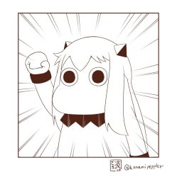 Rule 34 | (o) (o), 10s, arm up, clenched hand, collar, commentary request, horns, kantai collection, long hair, looking at viewer, mittens, monochrome, moomin, moomintroll, muppo, northern ocean princess, sazanami konami, simple background, sketch, translation request, twitter username, upper body