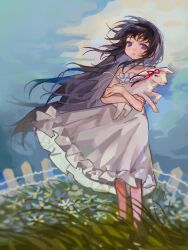 Rule 34 | 1girl, absurdres, akemi homura, animal, artist name, bare arms, bare shoulders, black hair, black hairband, blue flower, blue sky, chinese commentary, choker, cloud, collarbone, commentary request, crossed arms, day, dress, expressionless, feet out of frame, fence, floating hair, flower, frilled dress, frills, grass, hairband, highres, holding, holding animal, lamb, long hair, looking at viewer, mahou shoujo madoka magica, mahou shoujo madoka magica (anime), outdoors, parted lips, purple eyes, sheep, shixiaoqina, signature, sky, solo, standing, sundress, white choker, white dress, white fence, wind