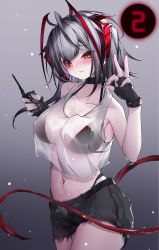Rule 34 | absurdres, alternate costume, antenna hair, arknights, bare arms, bare shoulders, bikini, black bikini, black choker, black gloves, black hair, black shorts, breasts, choker, cleavage, collarbone, countdown, cowboy shot, crop top, demon girl, demon horns, demon tail, detonator, fingerless gloves, gloves, gradient background, gradient hair, grey background, grey hair, highres, holding, horns, large breasts, long hair, looking at viewer, multicolored hair, navel, open fly, orange eyes, parted lips, qinshi-ji, red hair, see-through, shirt, short shorts, shorts, smile, stomach, sweat, swimsuit, tail, tank top, w (arknights), wet, wet clothes, wet shirt, white shirt