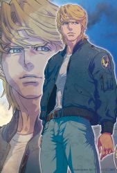 Rule 34 | 10s, 1boy, bad id, bad pixiv id, blonde hair, blue eyes, blue jacket, bomber jacket, denim, jacket, jeans, keith goodman, male focus, manly, outdoors, pants, short hair, sky, solo, tiger &amp; bunny, v-room, zoom layer