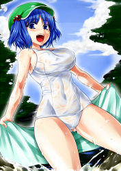 Rule 34 | 1girl, bare shoulders, blue eyes, blue hair, breasts, day, female focus, green hat, hair bobbles, hair ornament, hat, kawashiro nitori, large breasts, matching hair/eyes, namidame, one-piece swimsuit, open mouth, school swimsuit, see-through, short hair, smile, solo, swimsuit, touhou, towel, twintails, two side up, water, wet, wet clothes, white one-piece swimsuit, white school swimsuit