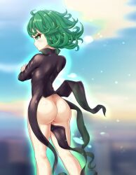 Rule 34 | 1girl, ass, black dress, blue sky, blurry, blurry background, closed mouth, cowboy shot, crossed arms, curly hair, day, dress, from behind, glowing, green eyes, green hair, highres, huge ass, long sleeves, matching hair/eyes, mud (artist), no panties, one-punch man, short hair, sky, solo, standing, tatsumaki
