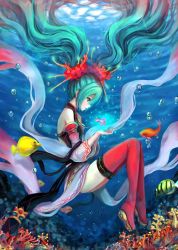 Rule 34 | 1girl, absurdres, boots, coral, fish, floating hair, green eyes, green hair, gyakushuu no hoshiumi, hatsune miku, highres, long hair, matching hair/eyes, solo, thigh boots, thighhighs, twintails, underwater, very long hair, vocaloid, wet, wet clothes