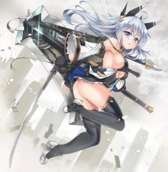 Rule 34 | &gt;:(, 1girl, armpits, ass, bare shoulders, black gloves, black skirt, black thighhighs, blade, blue eyes, breasts, cleavage, cleavage cutout, clothing cutout, detached sleeves, dual wielding, fingerless gloves, floating hair, from side, frown, full body, gloves, hair between eyes, headgear, holding, holding sword, holding weapon, huge weapon, large breasts, long hair, long sleeves, looking at viewer, looking to the side, microskirt, miyuki rei, original, parted lips, sideboob, silver hair, skirt, solo, sword, thighhighs, underboob, v-shaped eyebrows, weapon, wide sleeves