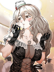 Rule 34 | 1girl, alcohol, alternate costume, black gloves, blurry, blurry background, blush, breasts, cleavage, commentary request, cup, drinking glass, glass, gloves, grey hair, hair between eyes, hat, highres, igarashi mangou, indoors, jewelry, kantai collection, lace, large breasts, long hair, navel, necklace, parted lips, pinky out, playing with own hair, pola (kancolle), thick eyebrows, upper body, wavy hair, wine glass