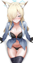 Rule 34 | 1girl, absurdres, animal ear fluff, animal ears, black bra, black gloves, black panties, blonde hair, blue archive, blue eyes, blue shirt, blush, bra, breasts, cleavage, clenched teeth, clothes pull, collarbone, commentary, cowboy shot, dog ears, dress shirt, frown, gloves, hair over one eye, highres, kanna (blue archive), large breasts, lds (dstwins97), long hair, long sleeves, looking at viewer, navel, no pants, one eye covered, open clothes, open shirt, panties, pantyhose, pantyhose pull, partially unbuttoned, shirt, simple background, solo, sweat, teeth, thighs, tsurime, underwear, v-shaped eyebrows, white background