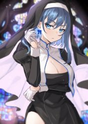 Rule 34 | 1girl, black headwear, blue eyes, blue hair, bow, bow earrings, breast hold, breasts, cleavage, costume, earrings, gloves, habit, headdress, highres, hololive, hololive english, jewelry, jitome, large breasts, looking at viewer, medium hair, nun, ouro kronii, solo, stained glass, ten-chan (eternal s), virtual youtuber, white gloves