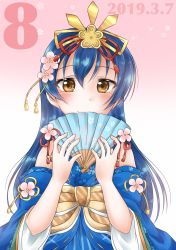 Rule 34 | 1girl, bare shoulders, blue hair, blush, commentary request, dated, detached sleeves, flower, folding fan, hair between eyes, hair ornament, hand fan, highres, holding, holding fan, japanese clothes, long hair, looking at viewer, love live!, love live! school idol festival, love live! school idol project, rin5325, saishi, sleeveless, smile, sonoda umi, tiara, yellow eyes