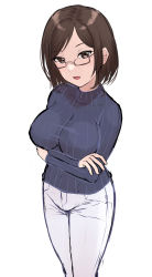 Rule 34 | 1girl, breasts, brown eyes, brown hair, cleavage, commentary, covered navel, cowboy shot, crossed arms, forehead, glasses, highres, large breasts, long sleeves, looking at viewer, mole, mole under eye, niaru (r2pi), open mouth, original, pants, parted bangs, short hair, simple background, solo, standing, sweater, taut sweater, white background, white legwear, white pants