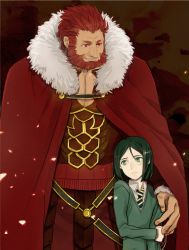 Rule 34 | 2boys, armor, beard, bob cut, cape, chihare 27, facial hair, fate/zero, fate (series), green eyes, green hair, iskandar (fate), male focus, multiple boys, parted bangs, red eyes, red hair, size difference, waver velvet