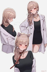 Rule 34 | 1girl, absurdres, alternate costume, animal collar, animal ears, black dress, blush, breasts, brown hair, cat ears, cleavage, closed mouth, coat, collar, collarbone, commentary, doyagao, dress, earrings, from behind, furen e lustario, hand on own hip, highres, jewelry, kemonomimi mode, long hair, long sleeves, looking at viewer, looking down, looking to the side, medium breasts, multiple views, necklace, nijisanji, off shoulder, open clothes, open coat, pet play, pom pom (clothes), pom pom earrings, red collar, red eyes, sideways mouth, simple background, sleeves past wrists, smile, smug, solo, sooon, upper body, virtual youtuber, white background, white coat