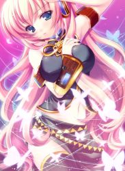 Rule 34 | 1girl, aqua eyes, breasts, bug, butterfly, detached sleeves, insect, large breasts, long hair, megurine luka, midriff, mitsumomo mamu, nail polish, navel, pink hair, solo, thighhighs, very long hair, vocaloid