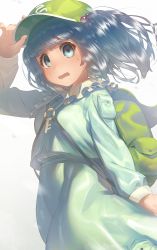 Rule 34 | 1girl, absurdres, backpack, bag, blue eyes, blue hair, blue shirt, blue skirt, blunt bangs, blush, breasts, frilled shirt collar, frills, hair bobbles, hair ornament, hand on headwear, hat, highres, kawashiro nitori, key, looking at viewer, monosenbei, open mouth, shirt, short hair, skirt, small breasts, solo, touhou, two side up, upper body