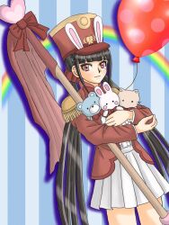 Rule 34 | 1girl, animal ears, balloon, blunt bangs, bow, brown hair, commentary request, cowboy shot, danganronpa (series), danganronpa v3: killing harmony, fake animal ears, grey skirt, harukawa maki, highres, holding, holding staff, jacket, long sleeves, low twintails, miniskirt, mole, mole under eye, pleated skirt, red bow, red eyes, red headwear, red jacket, skirt, smile, solo, staff, striped background, stuffed animal, stuffed toy, twintails, udzuki kanae