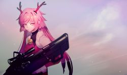 Rule 34 | 1girl, anti-materiel rifle, antlers, bell, closed mouth, denel land systems, expressionless, fur trim, girls&#039; frontline, gun, hair intakes, highres, holding, holding gun, holding weapon, horns, jingle bell, long hair, looking to the side, ntw-20, ntw-20 (girls&#039; frontline), ntw-20 (xmas reindeer) (girls&#039; frontline), official alternate costume, outdoors, pink eyes, pink hair, rifle, scope, sidelocks, sniper rifle, sobi (dnenqkswja), solo, very long hair, weapon
