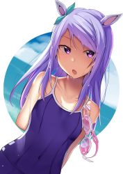 Rule 34 | 1girl, animal ears, arm behind back, bare shoulders, blush, breasts, cac itinose, collarbone, commentary request, covered navel, day, dutch angle, goggles, unworn goggles, highres, horse ears, long hair, mejiro mcqueen (umamusume), one-piece swimsuit, open mouth, purple eyes, purple hair, purple one-piece swimsuit, small breasts, solo, swept bangs, swimsuit, umamusume, upper body, wet, wet hair