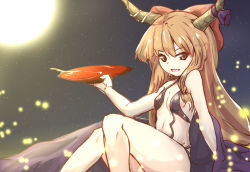 Rule 34 | 1girl, alcohol, bare legs, bare shoulders, bow, breasts, cosplay, cup, fate/grand order, fate (series), full moon, hair bow, holding, horn ornament, horn ribbon, horns, ibuki suika, japanese clothes, kimono, knees up, long hair, looking at viewer, matching hair/eyes, moon, off shoulder, oni, open clothes, open kimono, orange eyes, orange hair, purple ribbon, red bow, revealing clothes, ribbon, sakazuki, sake, shuten douji (fate), shuten douji (fate) (cosplay), shuten douji (first ascension) (fate), sitting, small breasts, solo, touhou, very long hair, wo jianqiang fu guo