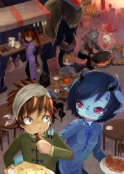 Rule 34 | bandaged head, bandages, blue skin, rabbit, chinese clothes, colored skin, cooking, eating, fish, food, furry, horns, mammoth, market, meat, monster girl, o o, original, plate, red eyes, restaurant, ruu bot, slit pupils, spoon, tail, tusks, twintails, wok