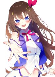 Rule 34 | 1girl, absurdres, blue eyes, blue vest, blush, breasts, brown hair, chiyomaru (yumichiyo0606), collared shirt, commentary, cropped shirt, cropped vest, diamond hair ornament, foreshortening, hair ornament, hair ribbon, hairclip, hand up, highres, hololive, long hair, looking at viewer, medium breasts, midriff, navel, outstretched arm, pink ribbon, ribbon, shadow, shirt, sidelocks, simple background, sleeveless, sleeveless shirt, solo, star (symbol), star hair ornament, tokino sora, tokino sora (1st costume), upper body, vest, virtual youtuber, white background, white shirt